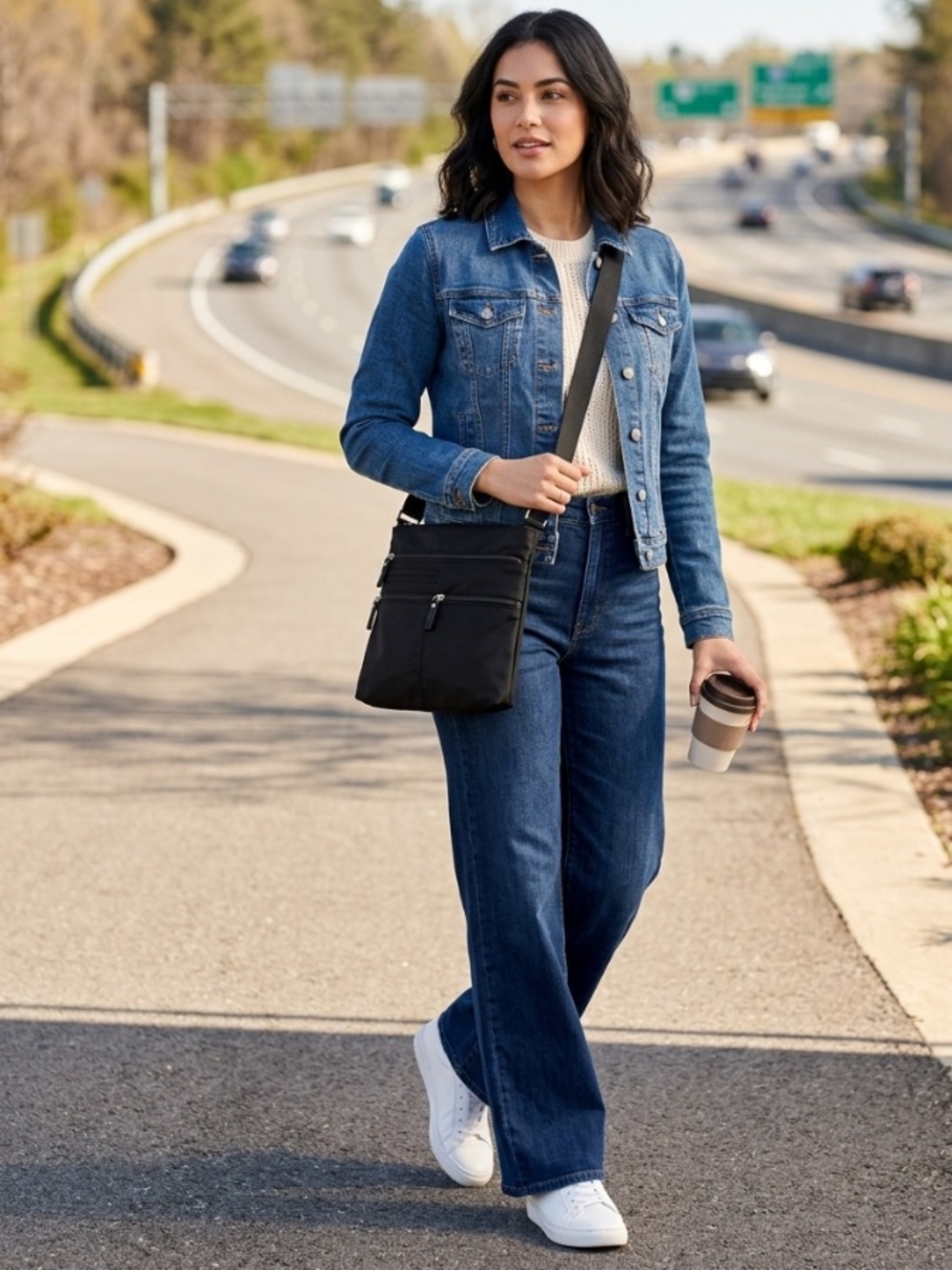Highway Compact Crossbody in Black with Light Blue Interior